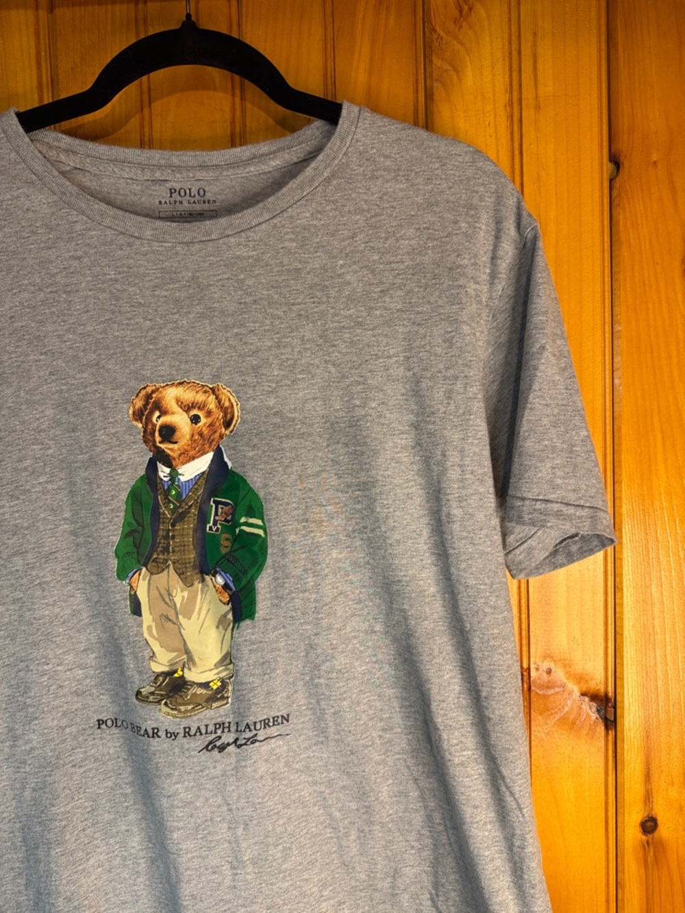 Vintage Polo by Ralph Lauren Gray Tee with Polo Bear in Green Jacket - Picture 8 of 13